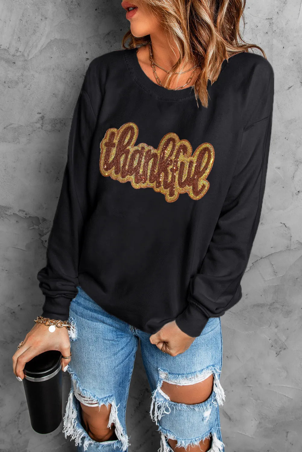 THANKFUL Round Neck Long Sleeve Sweatshirt