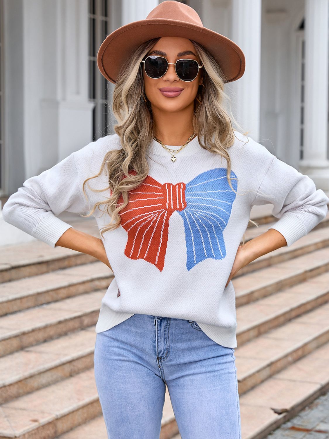 Bow Round Neck Dropped Shoulder Sweater