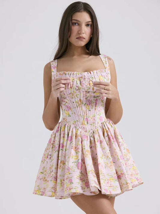 New sexy and elegant floral print suspender waist dress